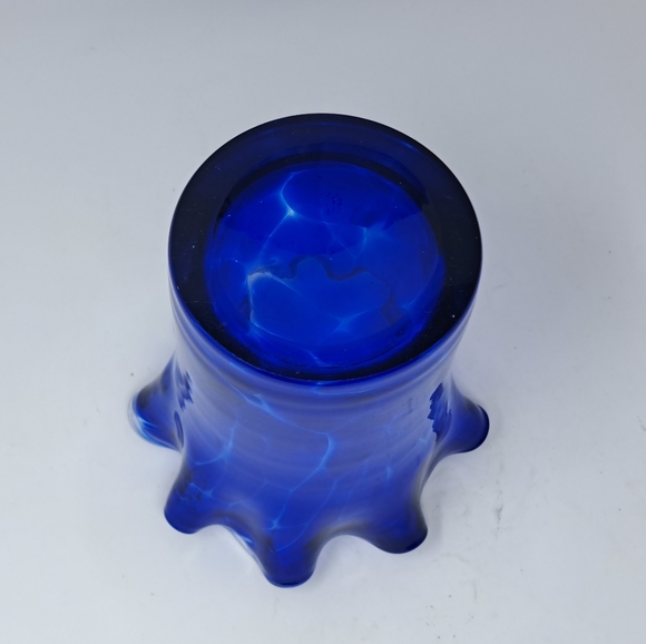 Blue Art Glass Vase With Ruffled Type Edge - Picture 3 of 4